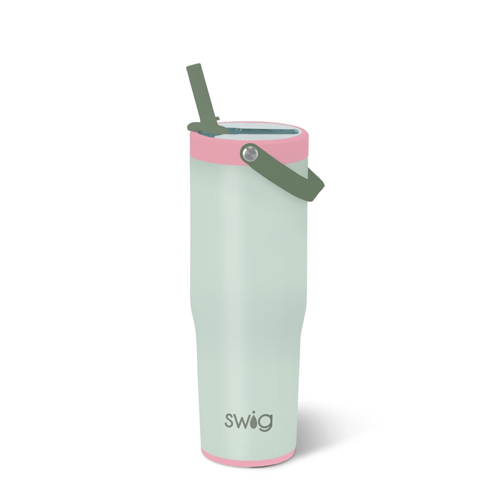 tall light green water bottle tumbler with pink lid and dark green handle and straw