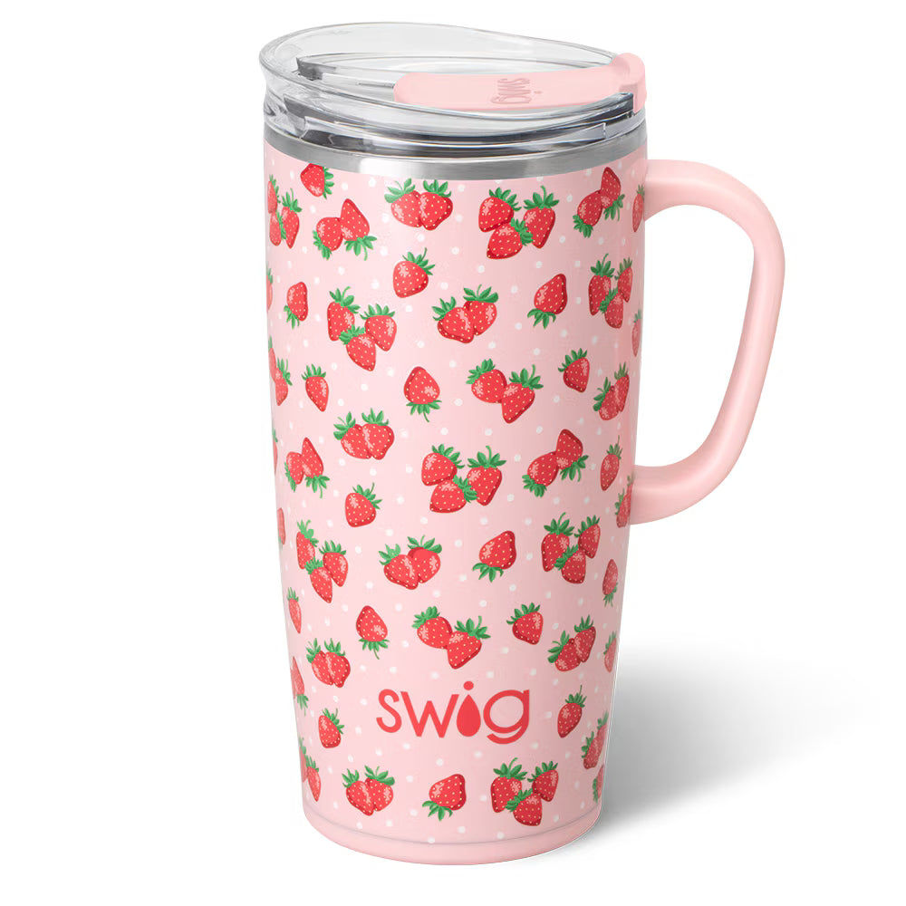 Pink travel mug with pink handle and all over red strawberry design