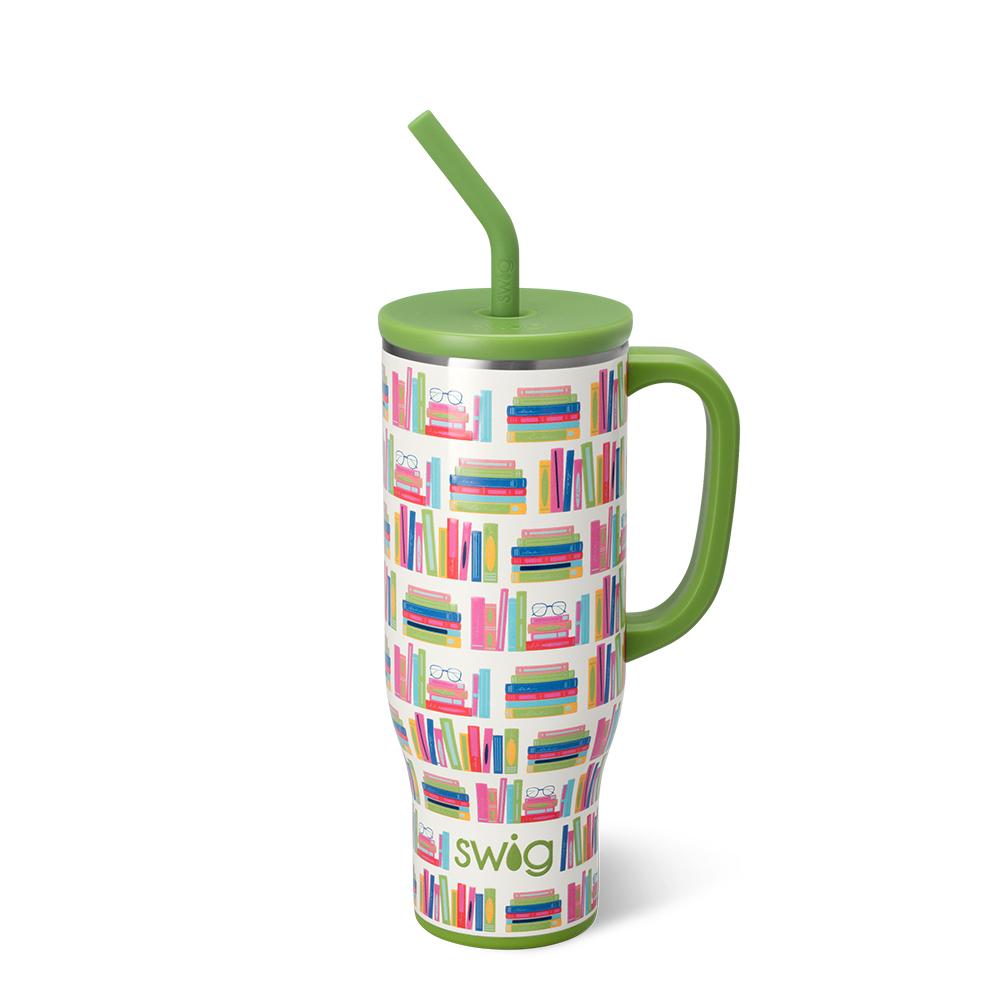 Book Club Mega Mug with book design and bright green handle, lid, and straw