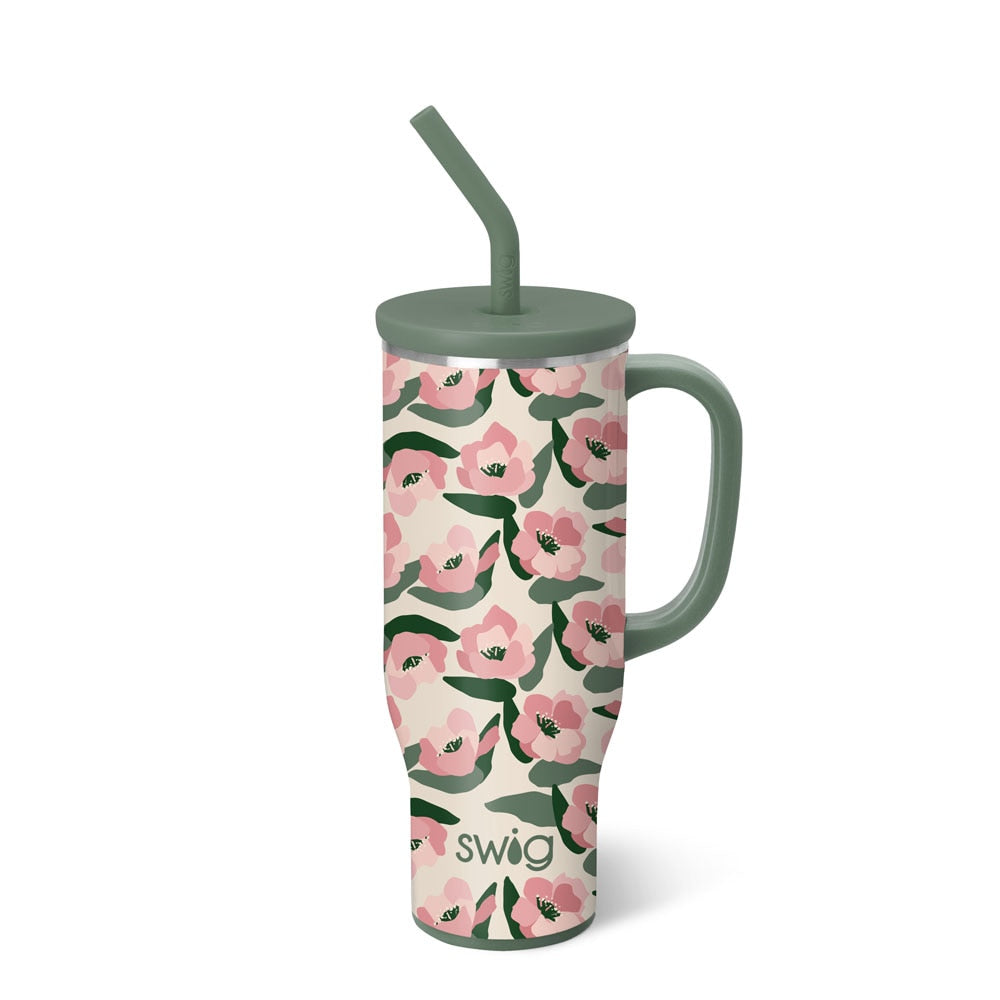 Sweet Pea 30 ounce Mega Mug with floral design and green handle, lid and straw