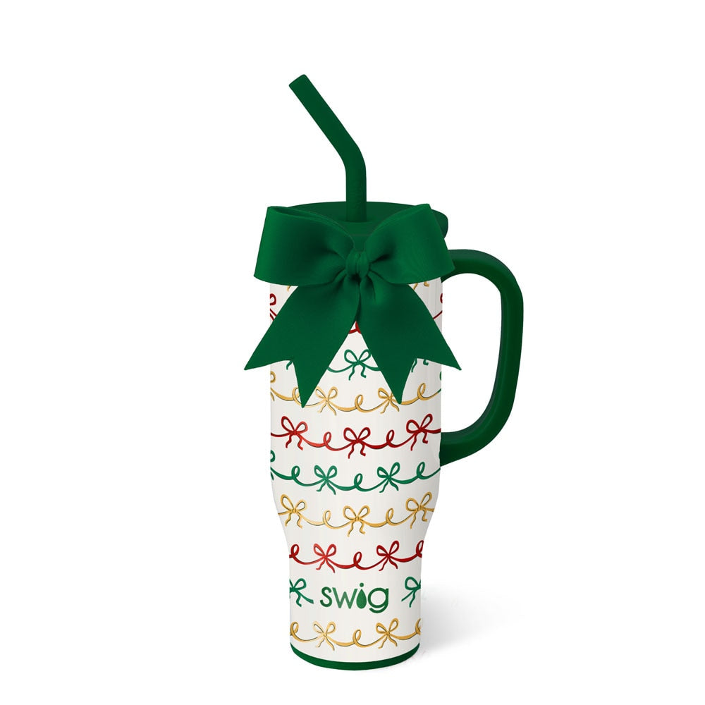 Christmas Plaid Mega Mug, 30 Ounce, with green handle, lid, and bow