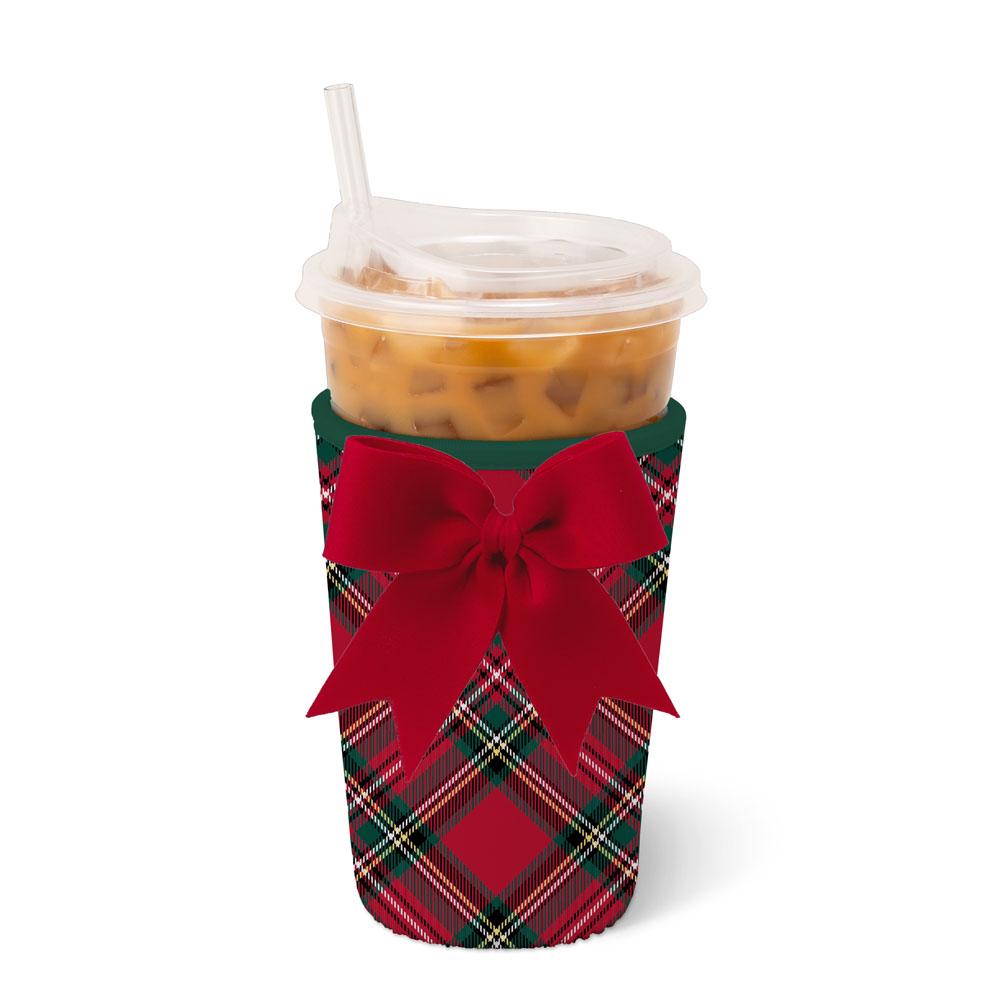 red tartan plaid cup coolie with an iced coffee in the coolie