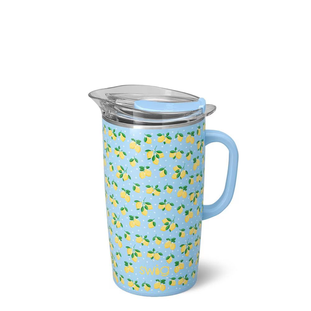 light blue pitcher with lid and handle and all-over lemon design