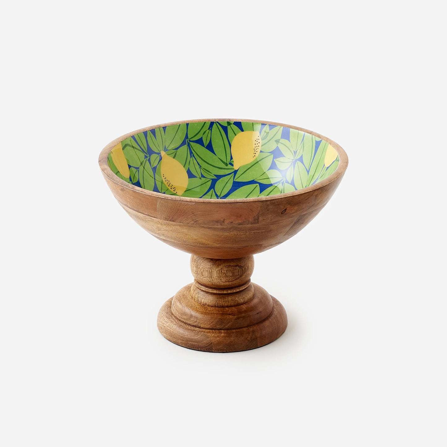Wooden bowl with a colorful interior design of lemons shown on a white background