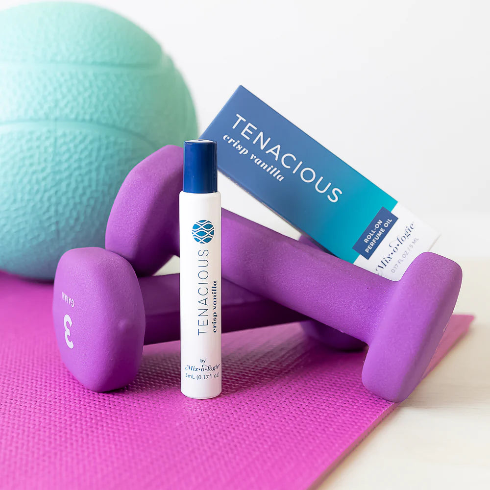 Fitness equipment and Tenacious product on a pink mat