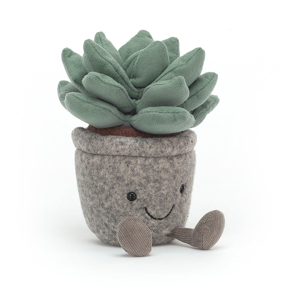 plush succulent in a plush pot with legs and smile face on white background