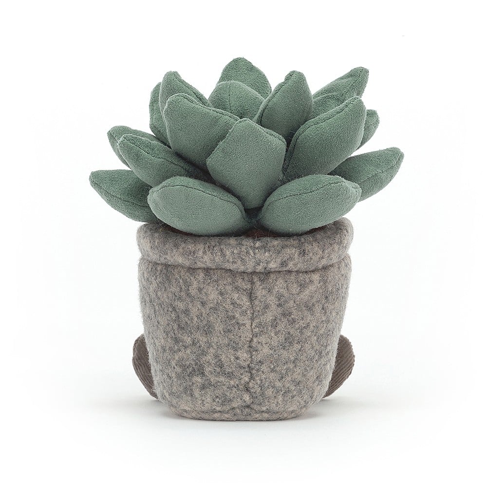 back view of plush succulent in a plush pot with legs and smile face on white background