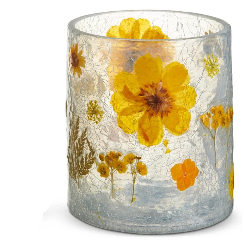larger glass vessel with a crackled finish, decorated with pressed yellow and orange flowers, shown on a white background.