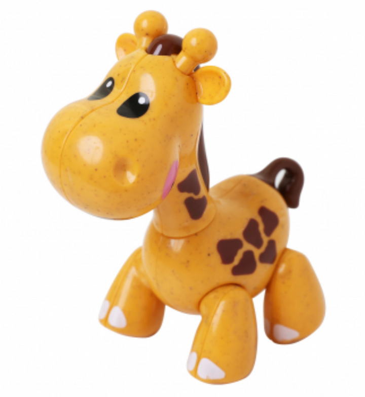 A toy giraffe with a yellow body, brown spots, and a smiling face.