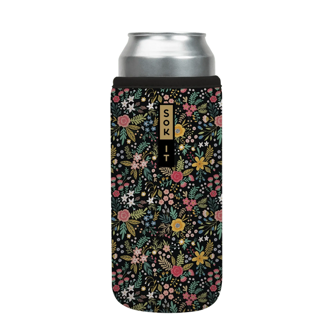 black slim can cooler with pink, yellow, and green floral design on a slim can
