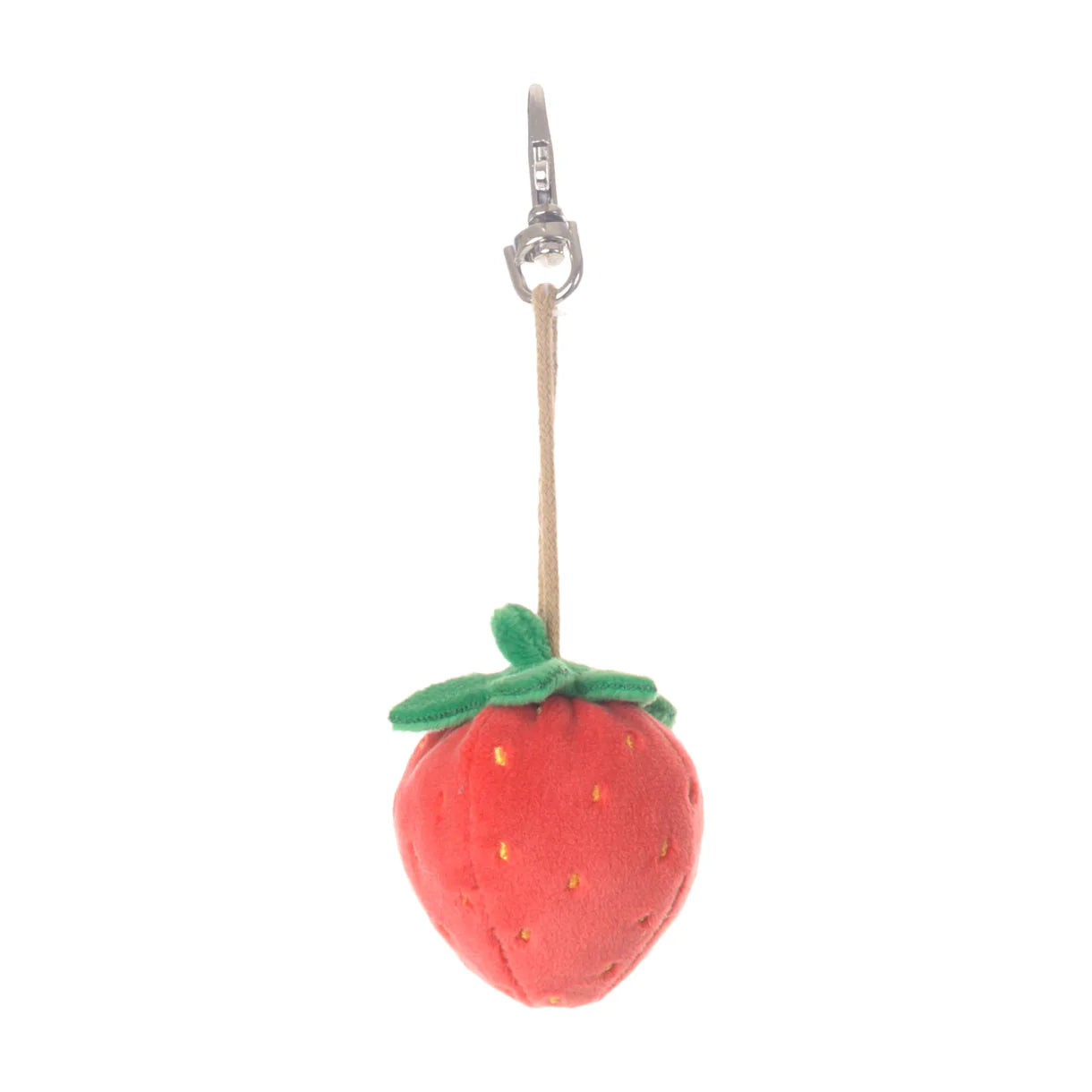 Red Strawberry bag charm shown on a white background