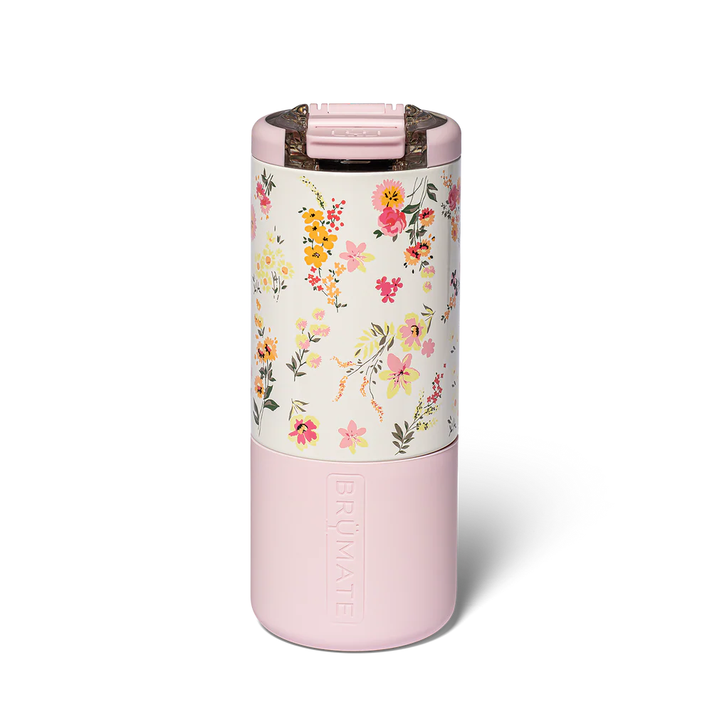insolated tumbler with lid with a pale pink base and floral design body in pinks and yellow