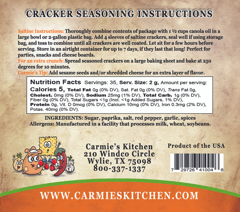 nutrition and ingredient list for Sweet & Spicy Cracker Seasoning Mix - call 501-327-2182 for more information