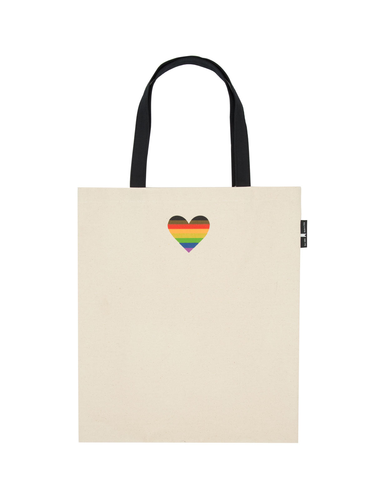 back view of tan tote with back handle rainbow heart at the top center