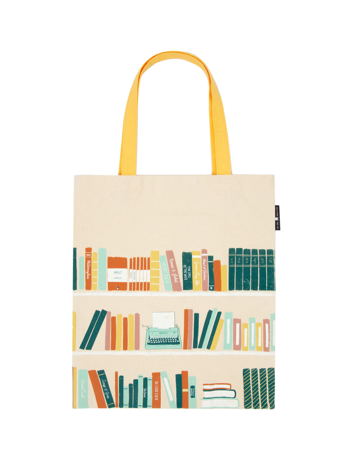 back view of tan tote with yellow handle and sketch of 3 bookshelves with multicolored books