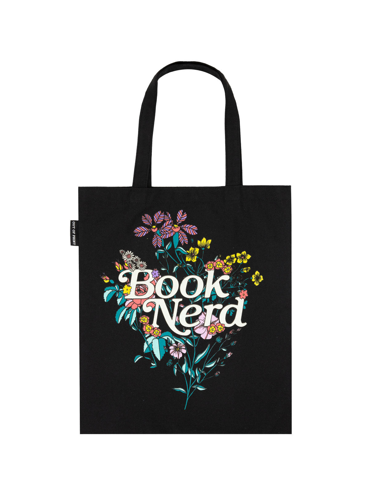 front view: black tote with multicolored flowers with white text "book nerd"