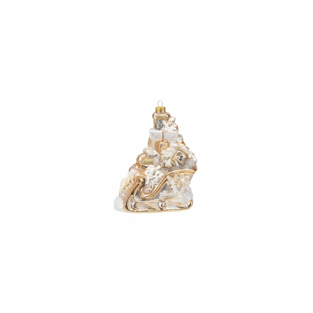 silver gold and gem sleigh ornament filled with gifts on a white background