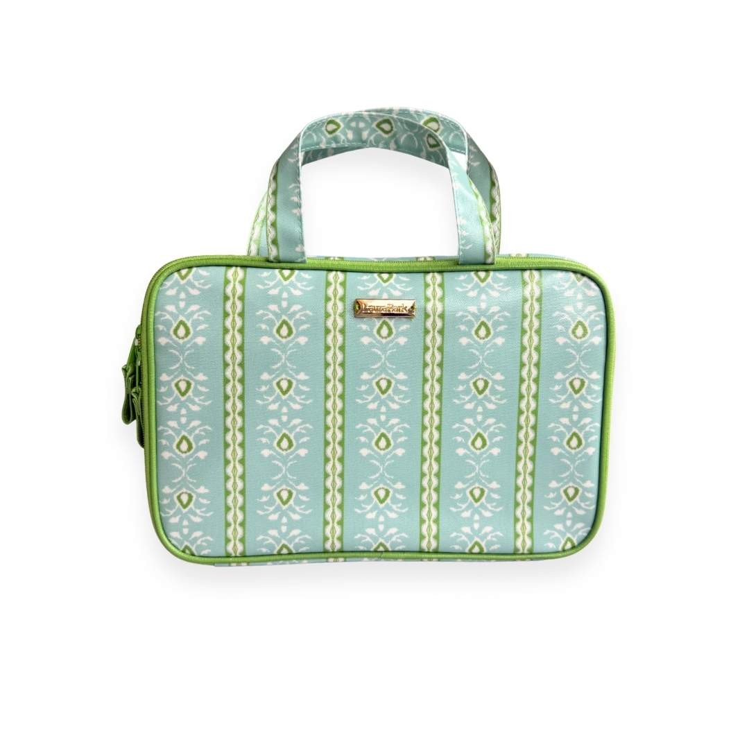 the Travel Case, Rosemary Stripe Blue on a white background