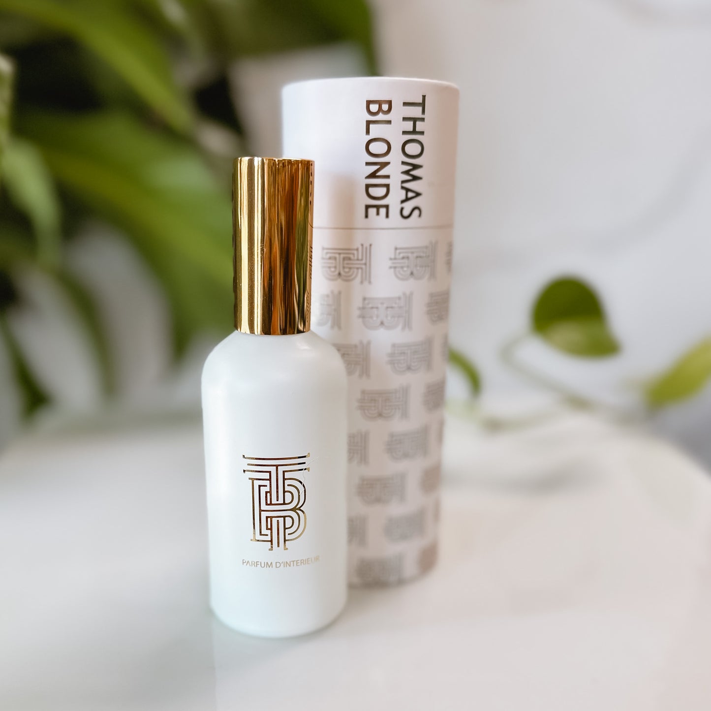 Bottle of Joshua Tree linen spray with its container on a tray with foliage in the background.