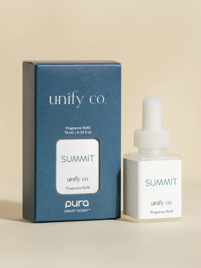 smart vial of summit fragrance set next to its blue box packaging.