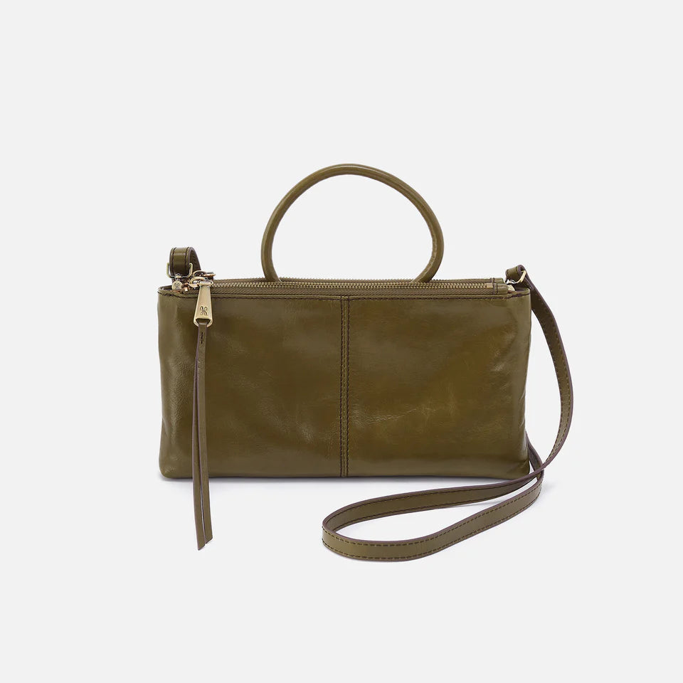 Olive Green handbag with a strap on a white background
