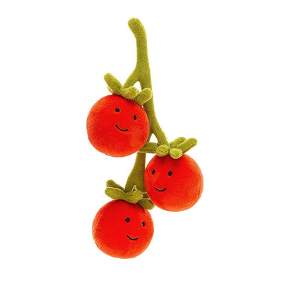 3 plush tomatoes with smile faces hanging on a plush vine on a white background