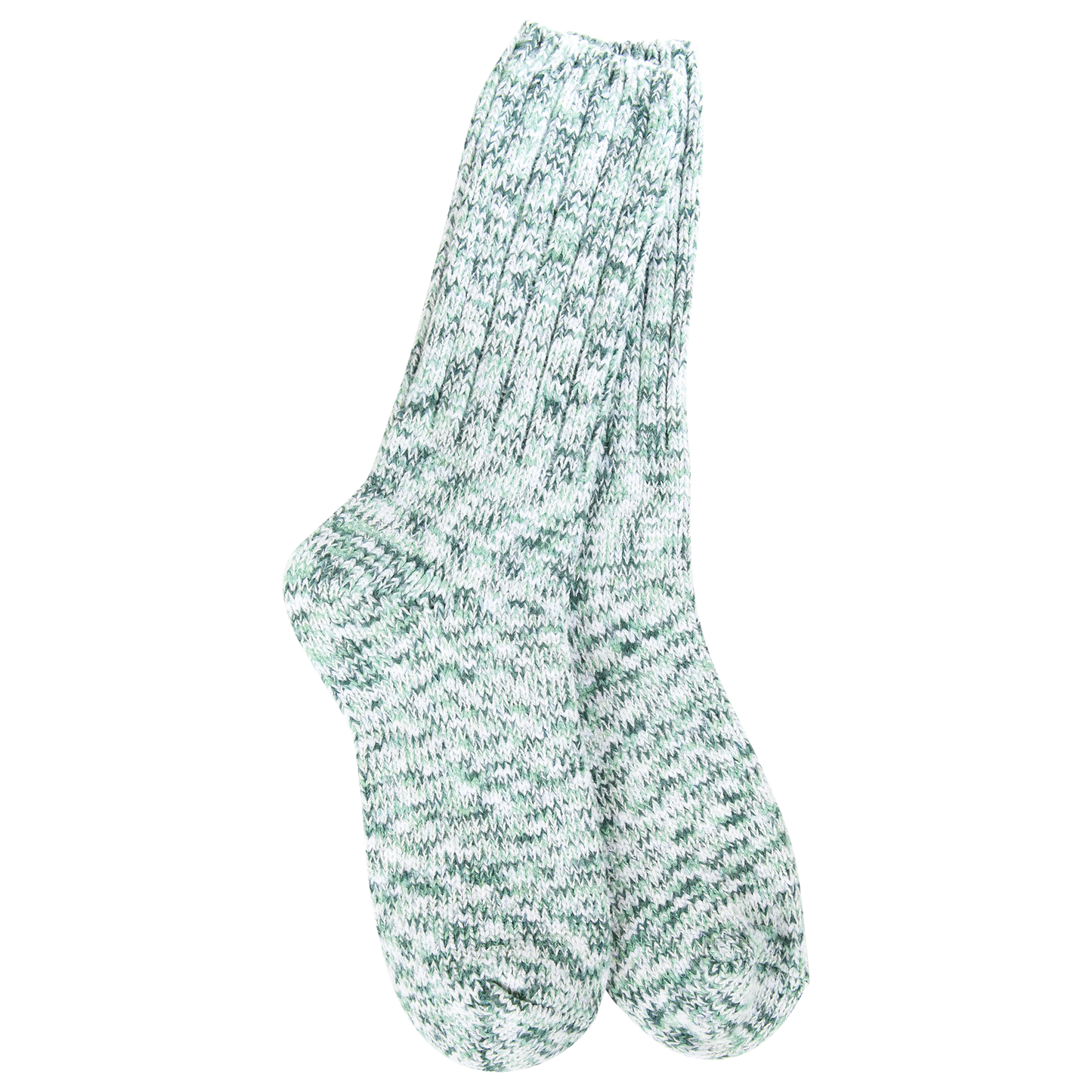 Pair of green and white marbled socks on a white background