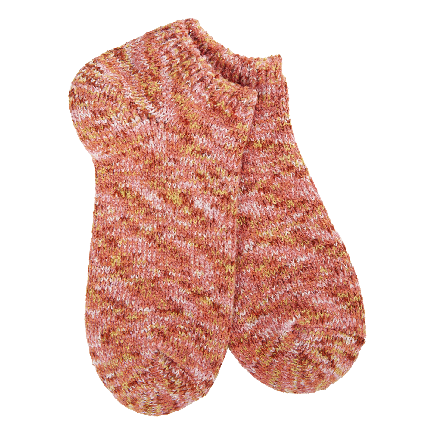 Pair of knitted socks with a pink and orange pattern on a white background