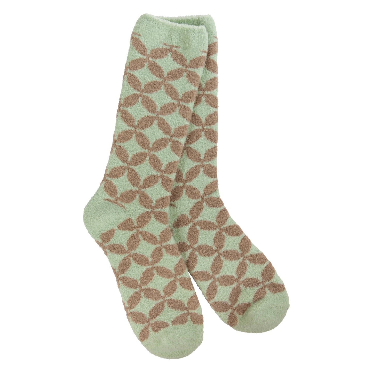 pair of Green socks with brown geometric pattern on a white background