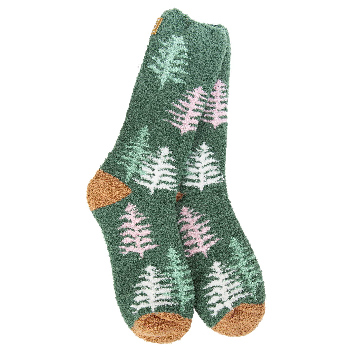 Green socks with tree pattern on a white background