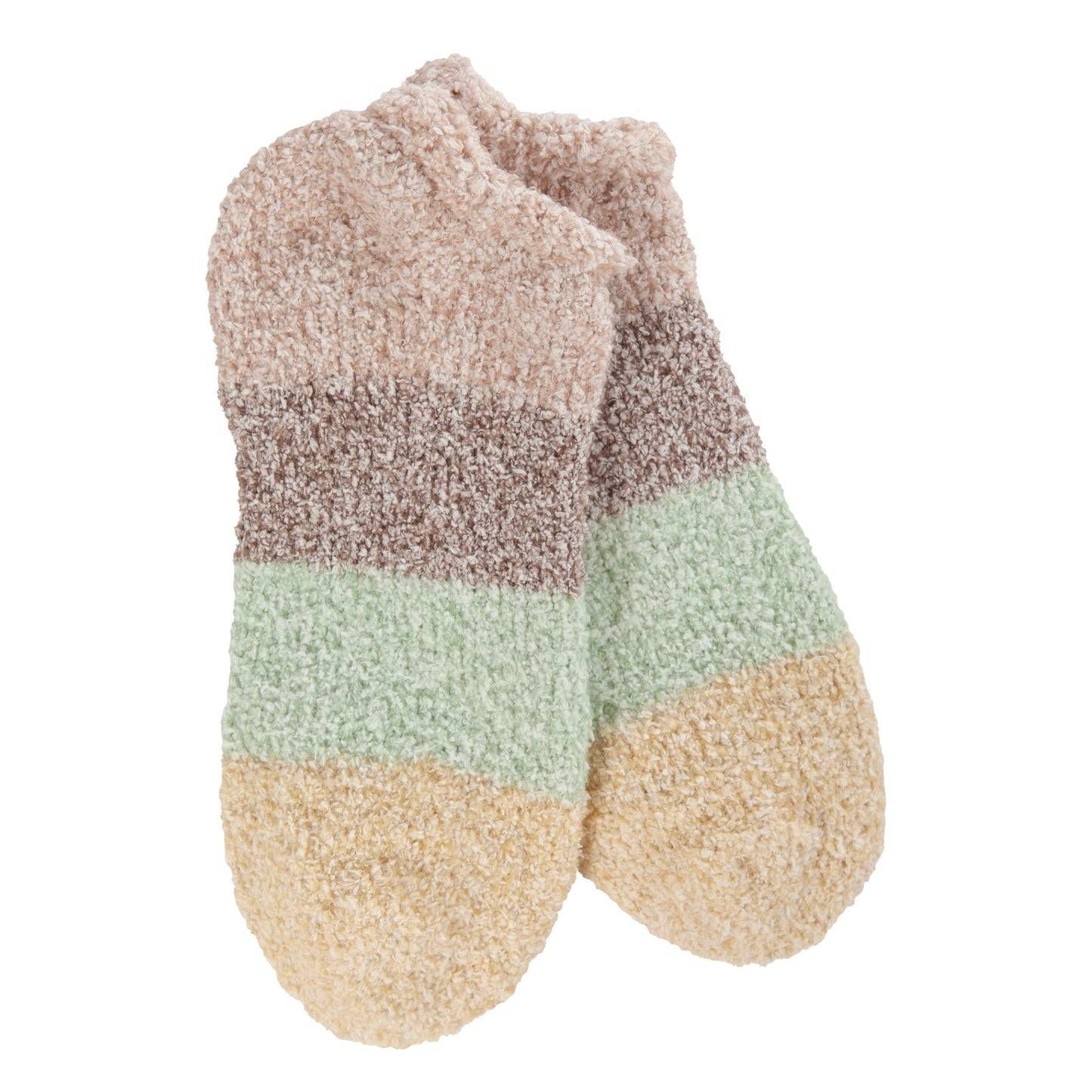 Pair of striped socks with beige, brown, and green colors on a white background