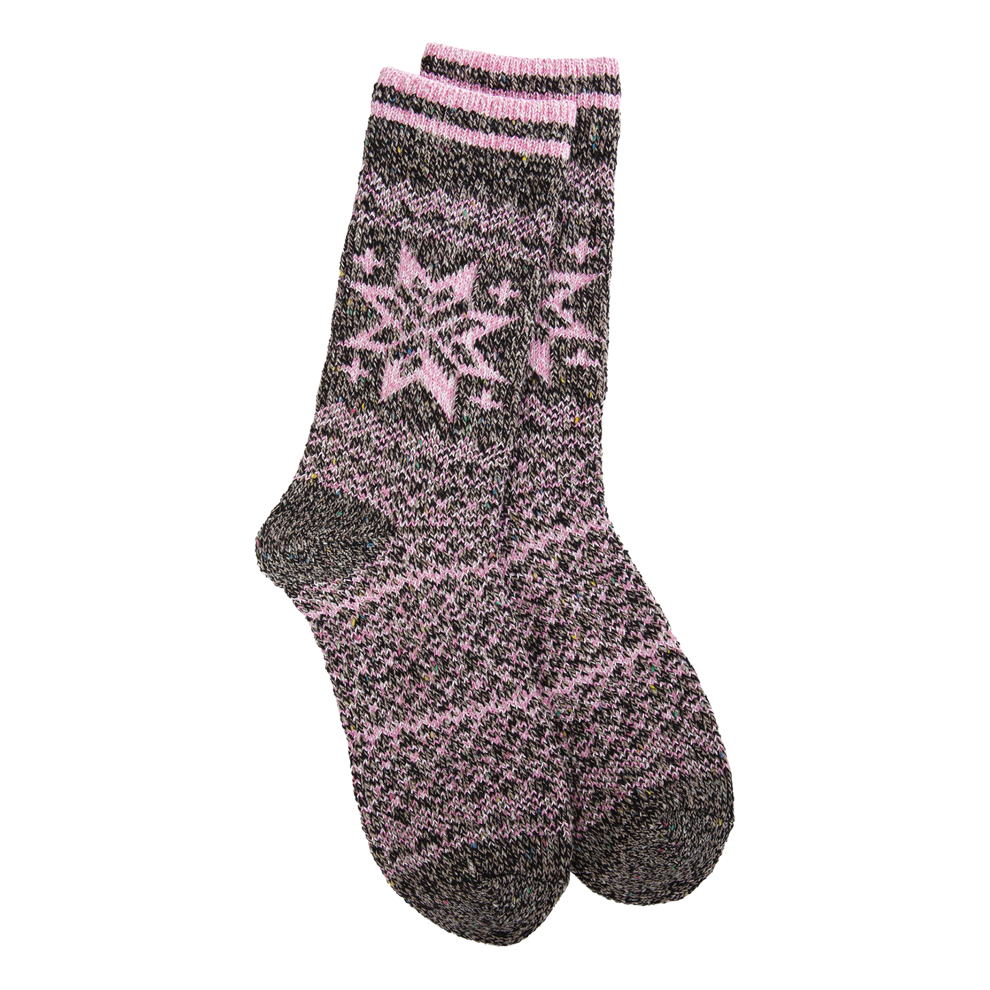 Pink and brown socks with a snowflake design on a white background