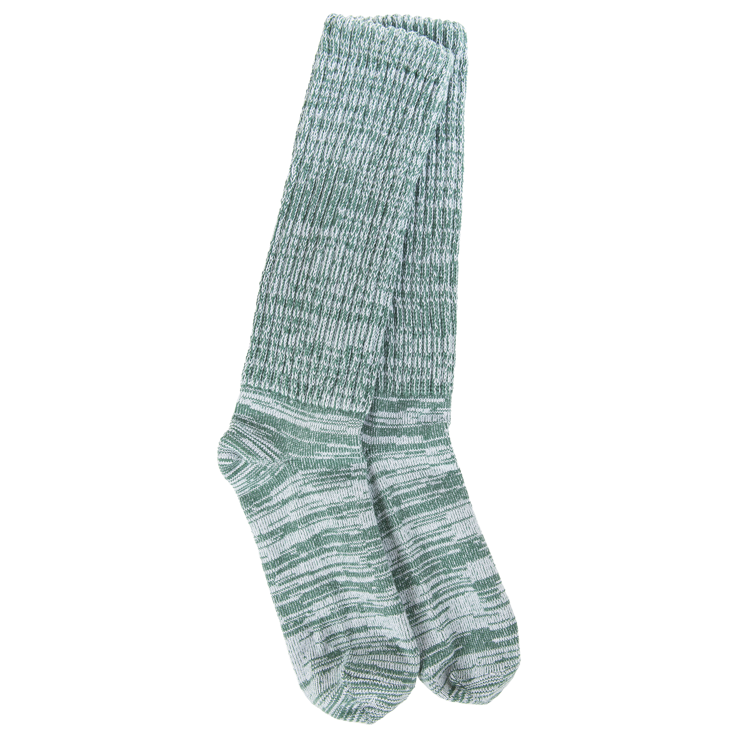 Pair of green and gray socks on a white background