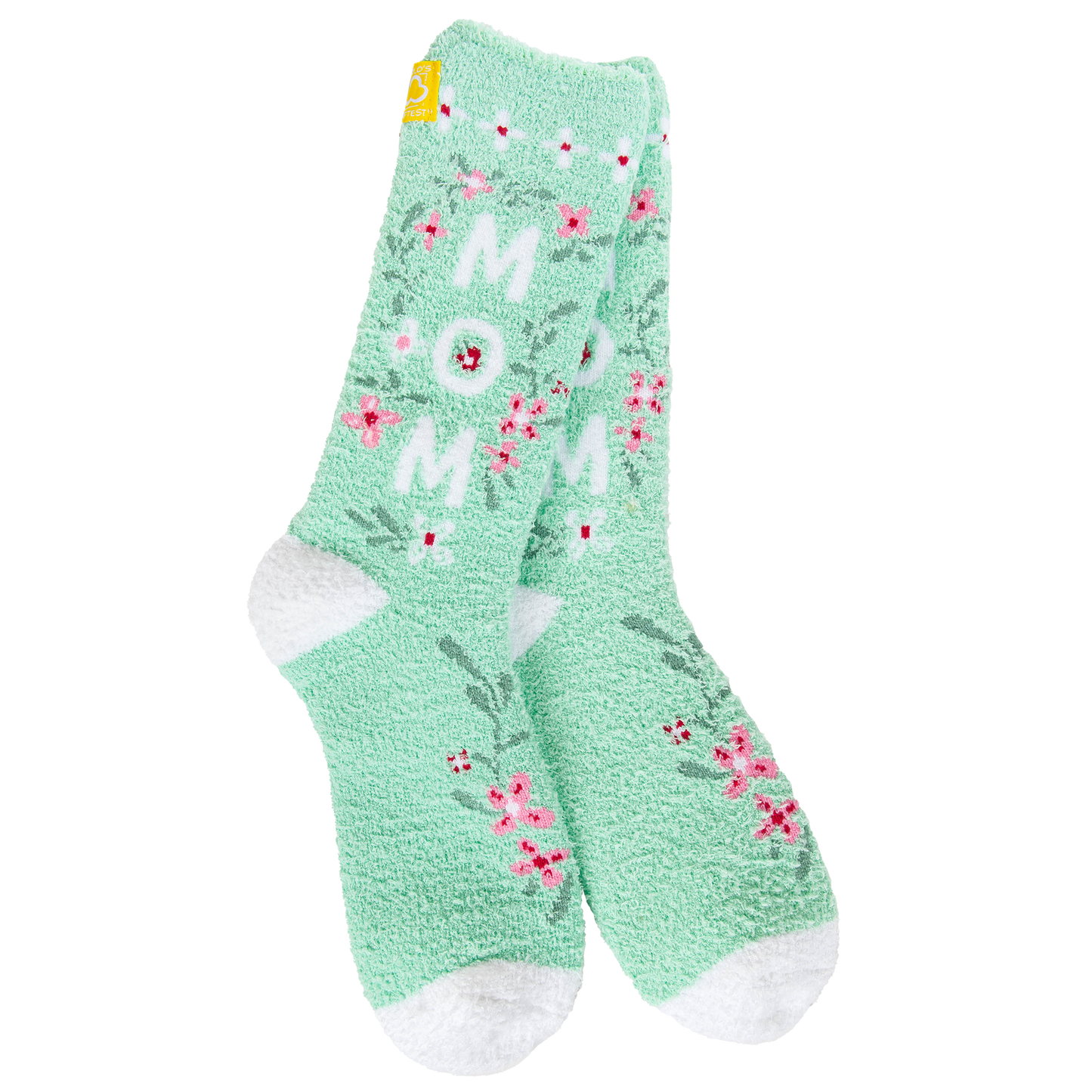 Green socks with floral patterns and 'Mom' text on a white background