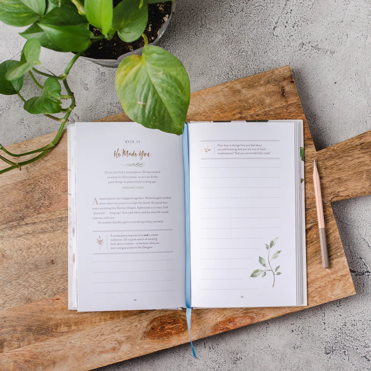Open weekly gratitude journal on a wooden surface with a plant and pen in the background
