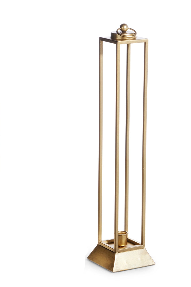 large narrow gold lantern with taper holder in the bottom
