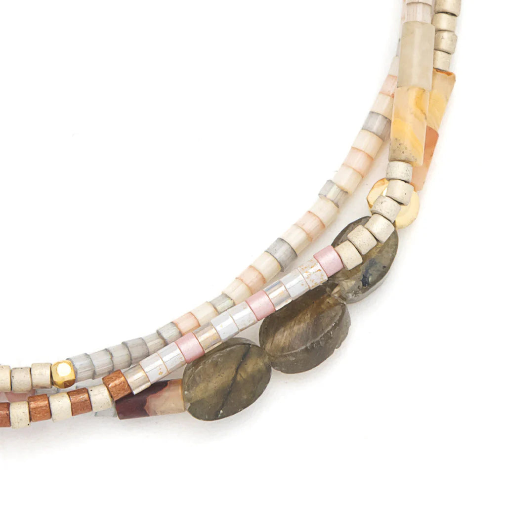 close-up of beaded bracelet on a white background