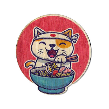 cartoon image of a cat eating a bowl of ramen with chopsticks on a red circle background
