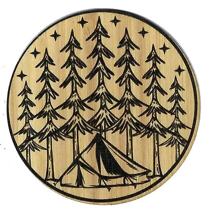 image of a tent with trees and stars on a natural wood background