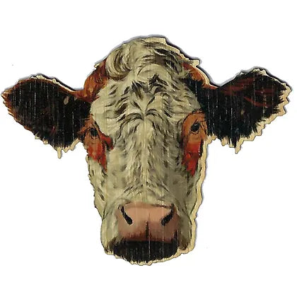 front facing image of a stylized brown and white cow head