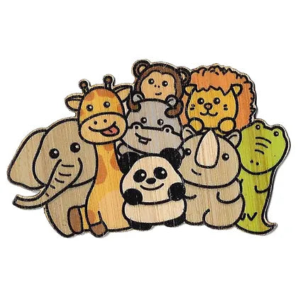 cartoon style group of zoo animals (elephant, giraffe, panda, hippo, monkey, rhino, lion, crocodile) 