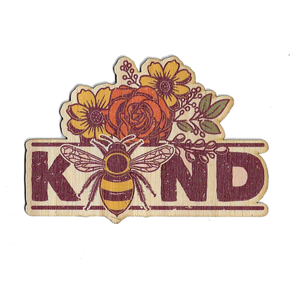 three flowers and below there is the word "kind" with the "i" is replaced by a bee 