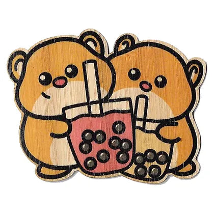 two cartoon style orange hamsters each holding a boba drink