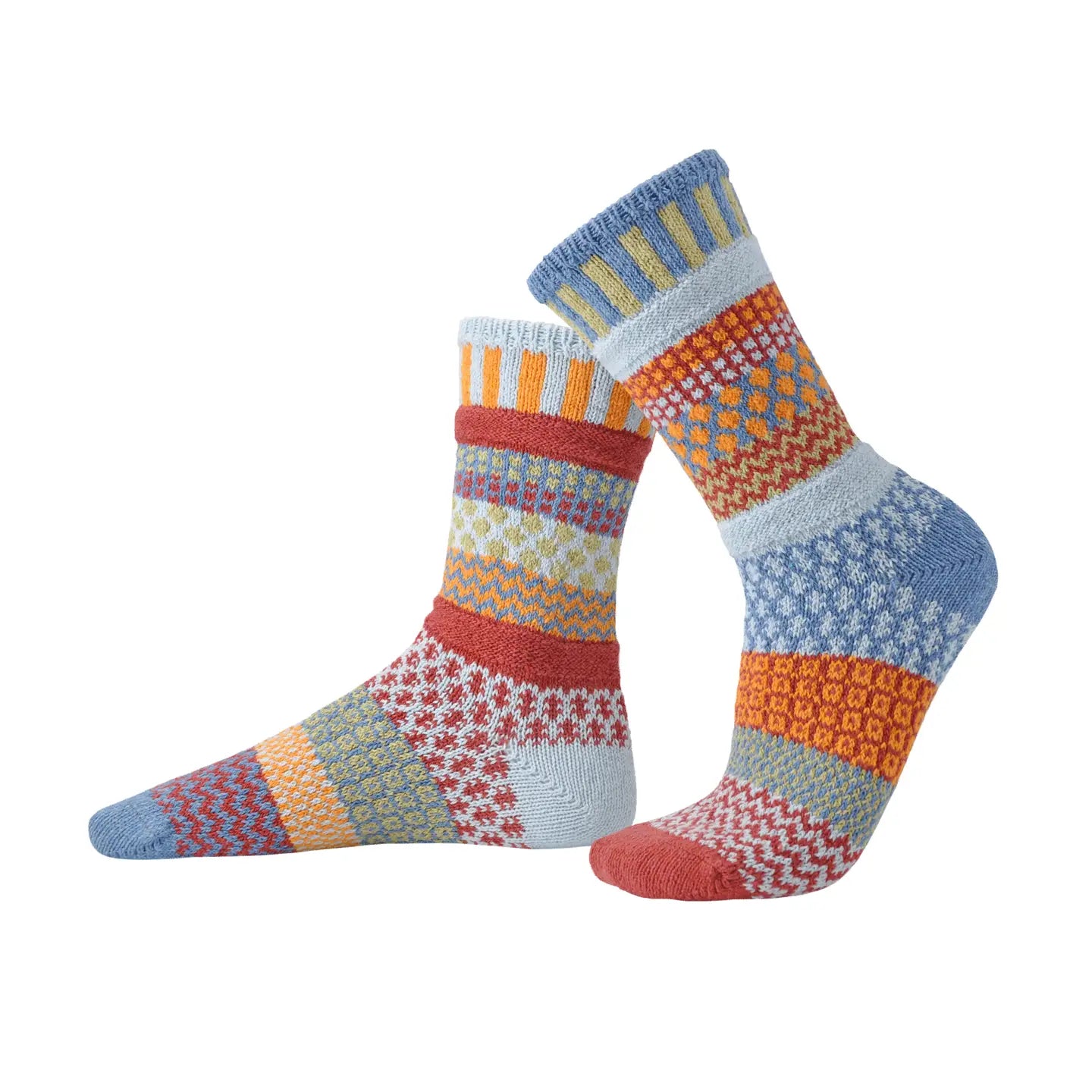 pair of Fig Crew Socks with similar but mismatched pattern shown on a white background