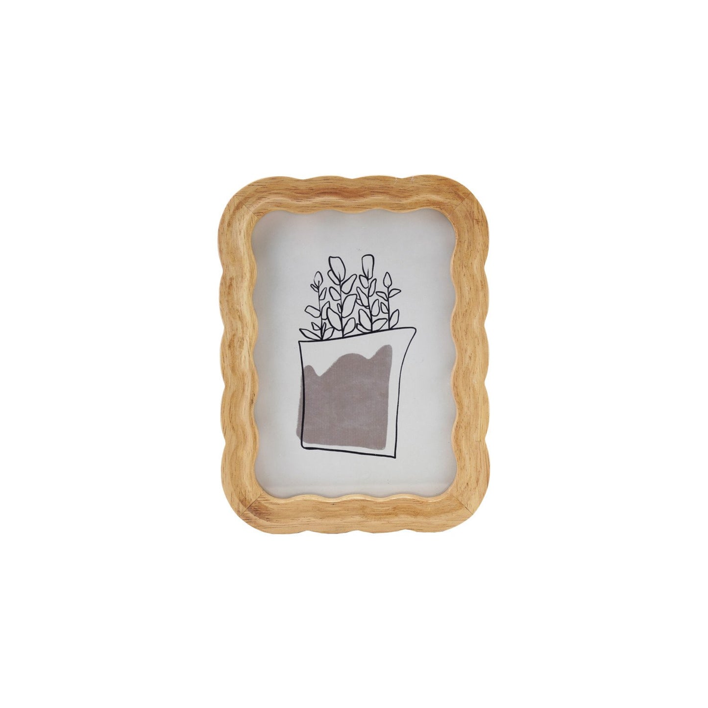 Rubberwood Scalloped Photo Frame with image of a line drawn plant in it