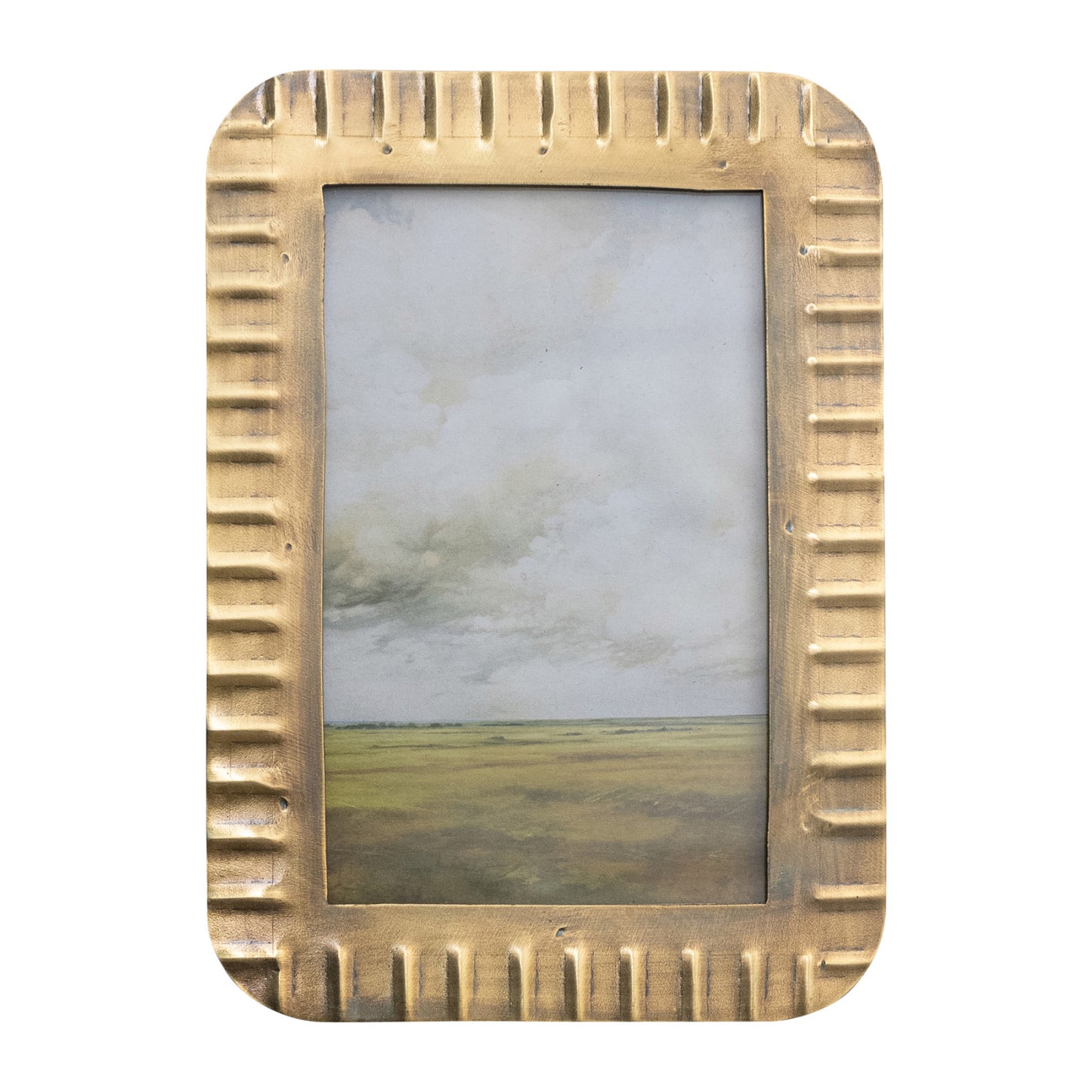 antique brass finished frame with a landscape photo inside