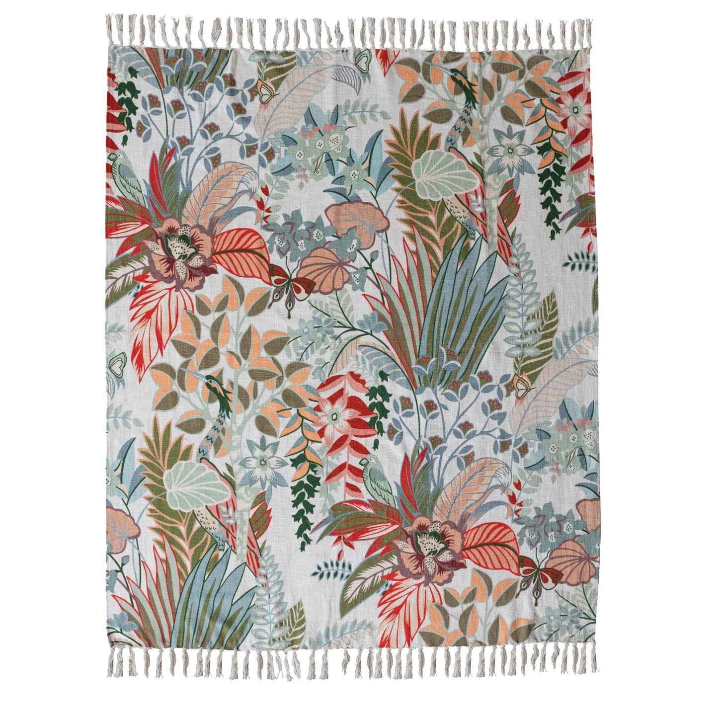 Floral patterned blanket with fringe laying flat on a white background