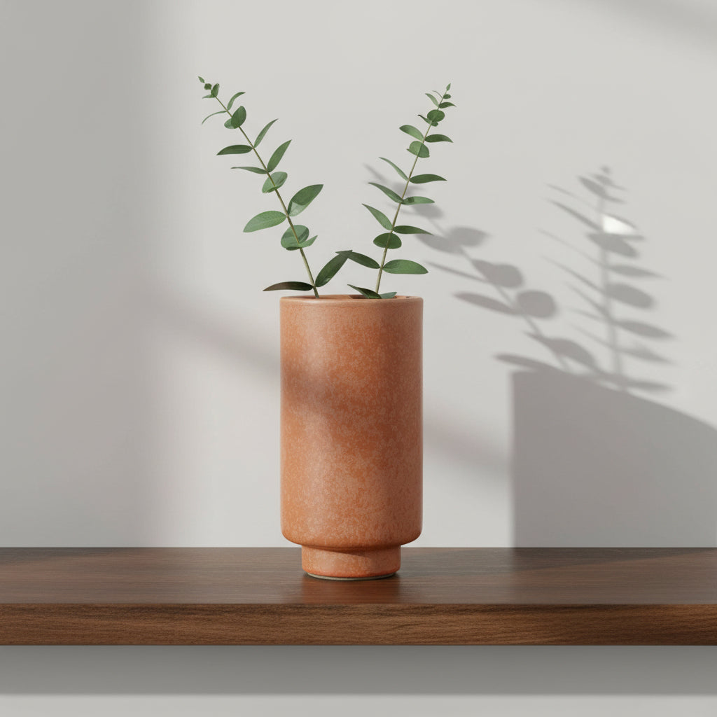 pale orange colored ceramic vase on a wooden surface with a few greenery stems in it shown on a white background