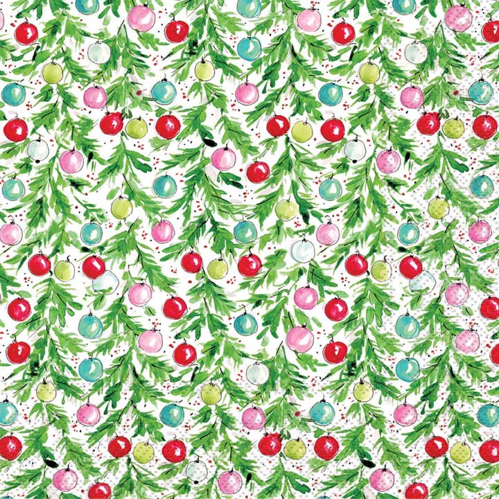 paper napkin with repeating watercolor pattern of green evergreen branches with hanging Christmas ornaments in red, pink, teal, and light green on a white background.