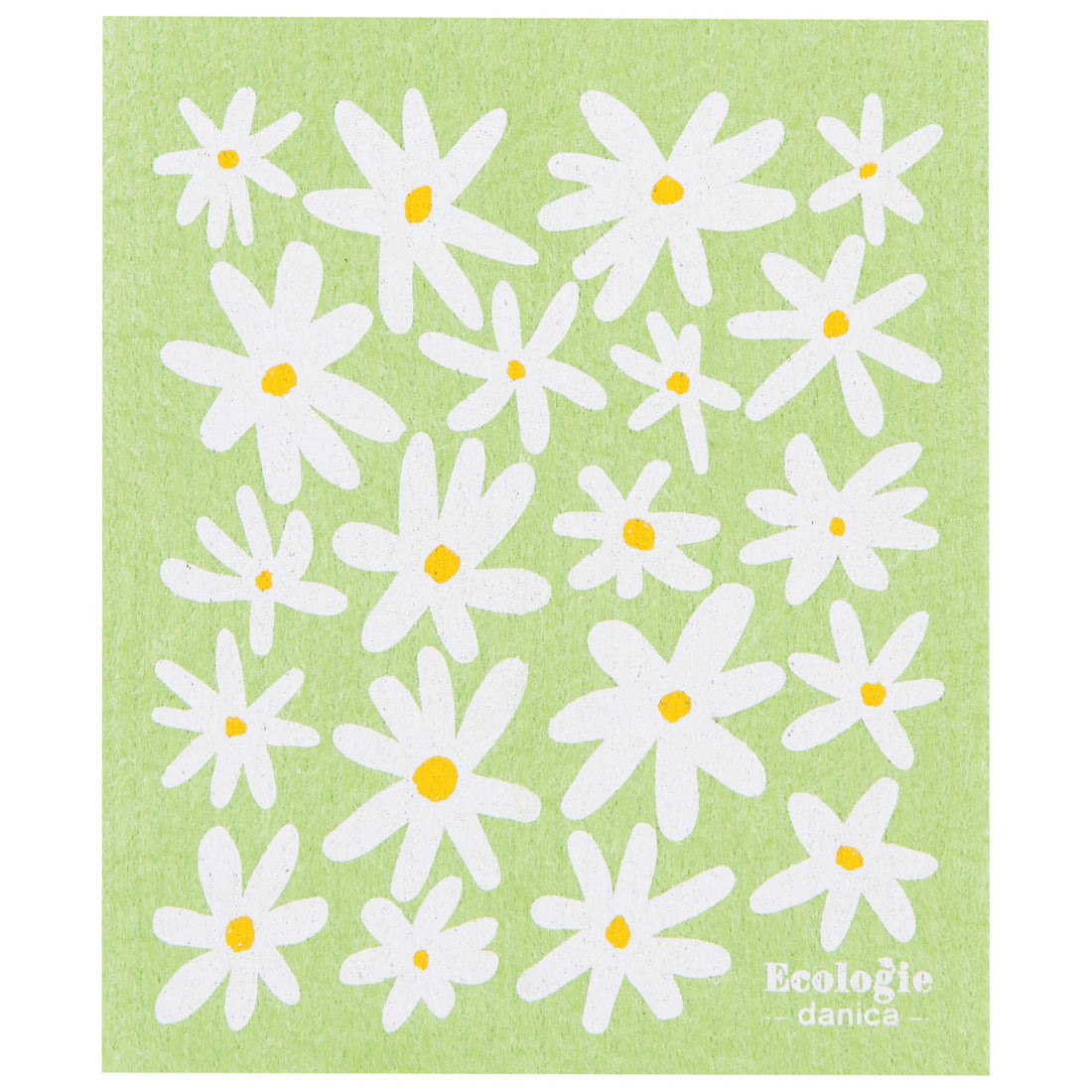 green dishcloth with white daisies printed on it